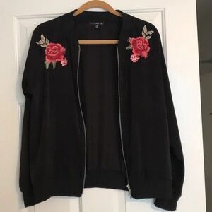 West Kei Black Bomber Jacket with Red Floral Accents